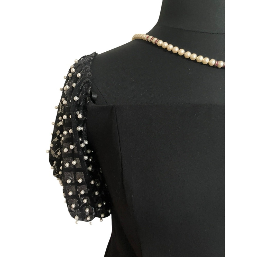 Black Cocktail Prom Party Guest Dress Puff Faux Pearl Sleeves Side Slit Size 16 - Picture 5 of 7